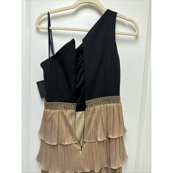 Mac Duggal Sz 4 26541 One Shoulder Gold Black Layered Ruffle Tiered Dress Gown - Picture 10 of 12